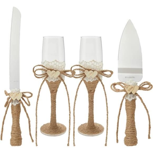 4 Piece Rustic-Style Wedding Cake Knife and Server Set with Champagne Glasses - Picture 1 of 7